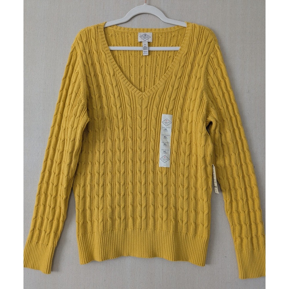 St. Johns Bay Cable Knit Fisherman Sweater Womens XL Yellow V-Neck Soft Cotton